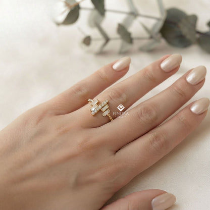 Baguette Cluster Stacking Ring – Minimalist Diamond Bar Ring –  Dainty Gold Bead Band