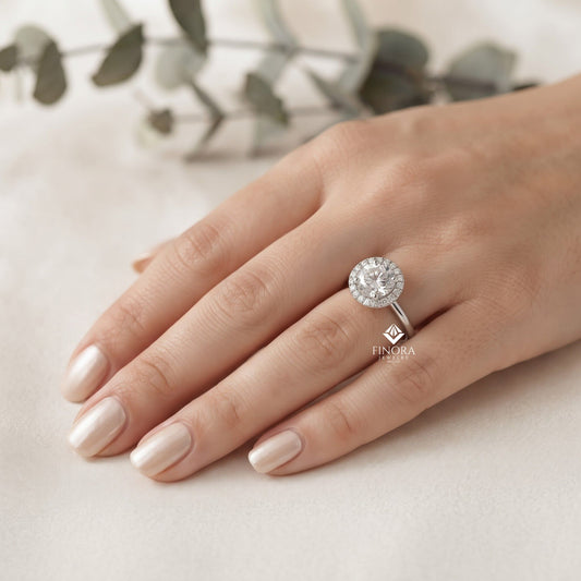 Round Halo Moissanite Engagement Ring with Pavé Accent Diamonds – Timeless Round Cut Sparkle | Finora Jewelry