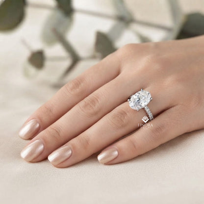 Oval Cut Diamond Solitaire with Hidden Halo and Pave Band - Luxury Fine Jewelry