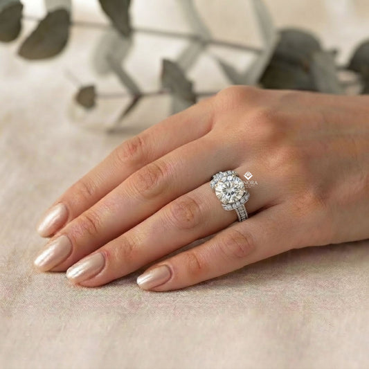 Bold Round-Cut Diamond Ring with Pavé-Set Accent Bands in 925 Silver, 10K / 14K Gold, or Platinum – Finora Jewelry