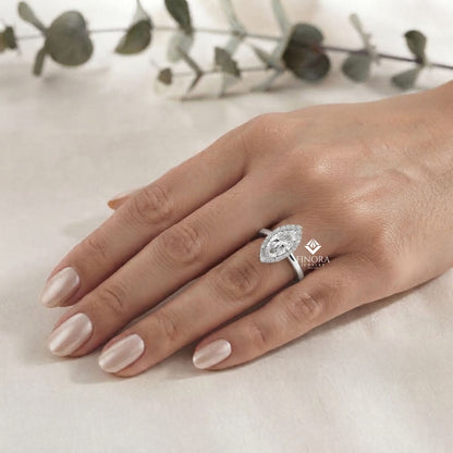Marquise Cut Moissanite Halo Engagement Ring – 925 Silver / 10K / 14K / Platinum / White / Yellow / Rose Gold – Finora Jewelry