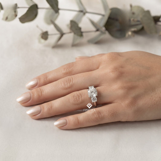 Three-Stone Cushion Cut Diamond Engagement Ring – Trio of Brilliance in White Gold or Platinum – Finora Symbolic Design of Past, Present & Future – Elegant Gift for Her