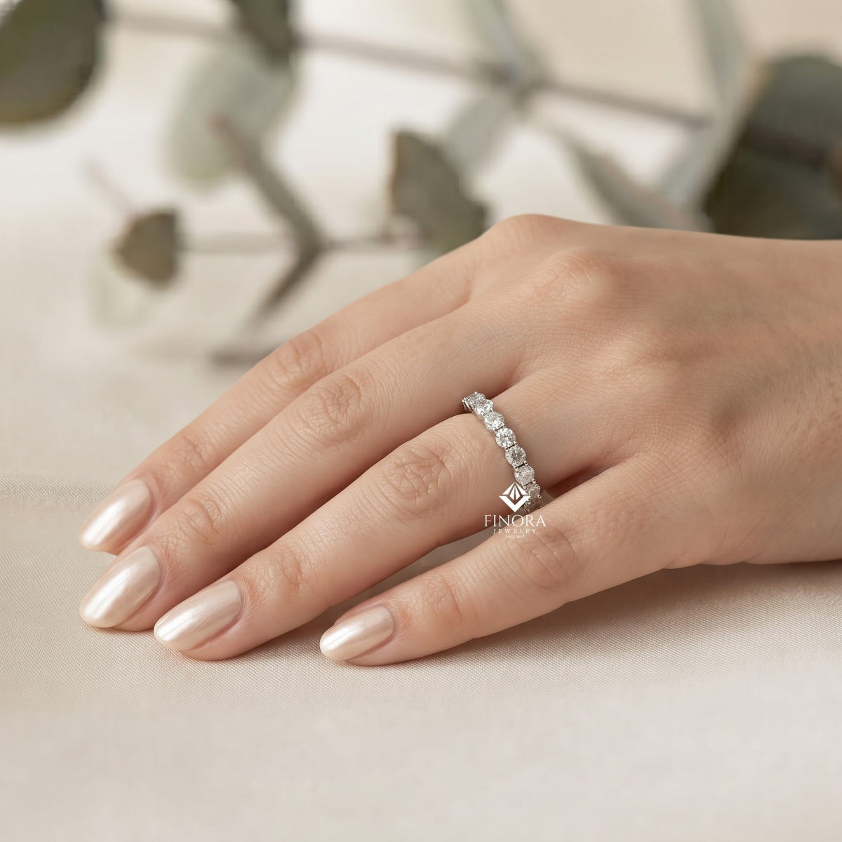 classic round cut moissanite half eternity wedding band, stackable minimal ring – finora jewelry