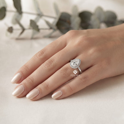 Pear Cut Moissanite Halo Engagement Ring – 925 Silver / 10K / 14K / Platinum / White / Yellow / Rose Gold – Finora Jewelry