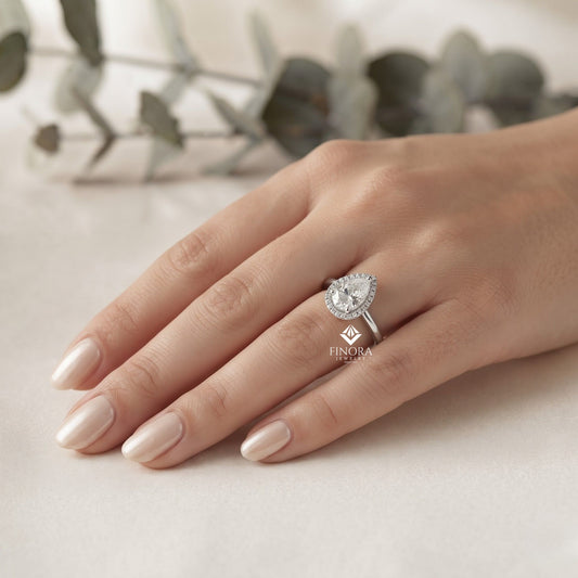 Pear Cut Moissanite Halo Engagement Ring – 925 Silver / 10K / 14K / Platinum / White / Yellow / Rose Gold – Finora Jewelry