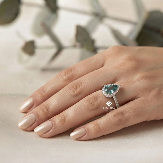 Cyan Blue Pear Cut Moissanite Halo Engagement Ring 2.30 CT in 925 Silver / 10K & 14K Gold