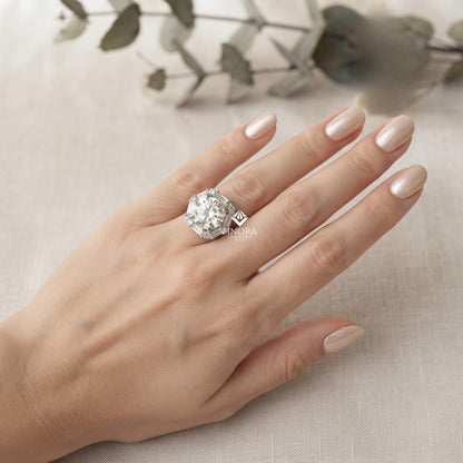 Round Cut Moissanite Halo Engagement Ring with Baguette Side Stones in 925 Silver, 10K & 14K Gold – Finora Jewelry