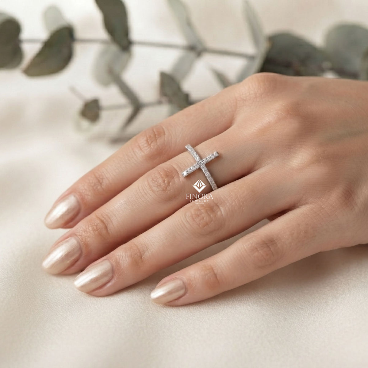 dainty diamond cross ring – minimalist horizontal cross band