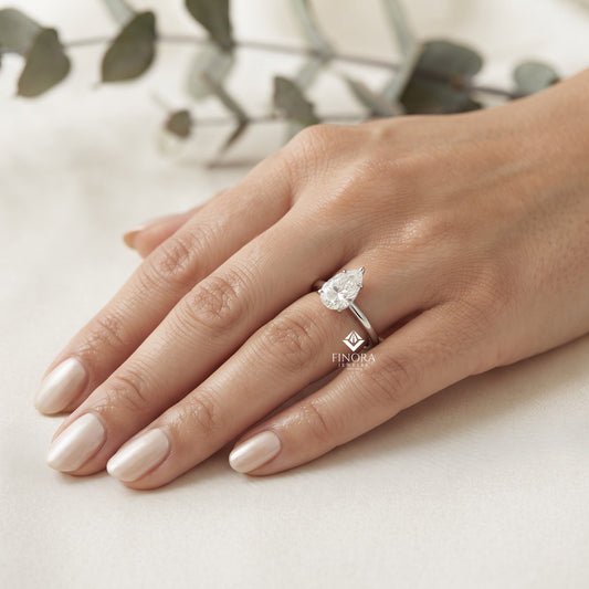 Pear Cut Moissanite Solitaire Engagement Ring – Teardrop Promise Ring for Her – 925 Silver / 10K & 14K Gold / Rose, Yellow, White Gold / Platinum | Finora Jewelry