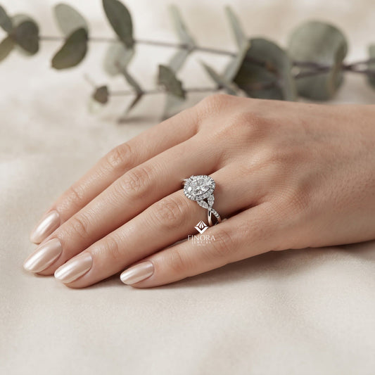 Finora Jewelry Oval Halo Diamond Engagement Ring – Twisted Pavé Band with Pear Accents – Available in 10K, 14K Gold (White, Rose, Yellow), 925 Sterling Silver & Platinum