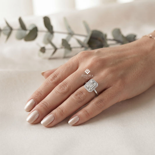Emerald Cut Moissanite Halo Engagement Ring – Dainty Promise Ring – Anniversary / Birthday / Wedding Gift – 925 Silver / 10K / 14K / Platinum – White / Yellow / Rose Gold – Finora Jewelry