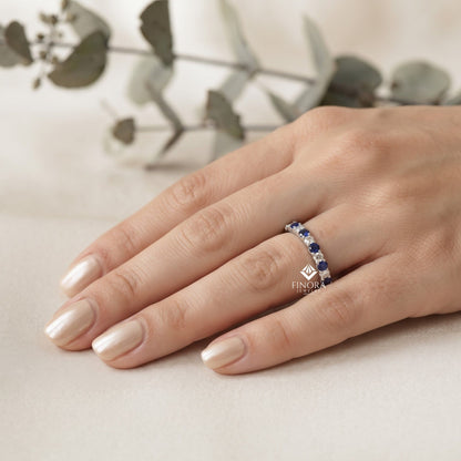 Blue & Colorless Round Cut Moissanite Full Eternity Wedding Band, Stackable Ring – Finora Jewelry