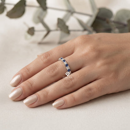 Blue & White Round Cut Moissanite Half Eternity Wedding Band, Stackable Ring – Finora Jewelry