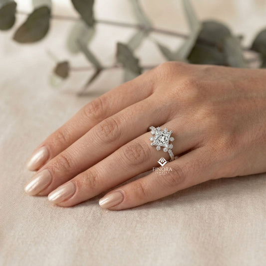 Princess Cut Diamond Cluster Engagement Ring – Regal Radiance in 925 Silver, 10K/14K Yellow, White & Rose Gold, or Platinum – Finora Elegant Snowflake-Inspired Design for Her