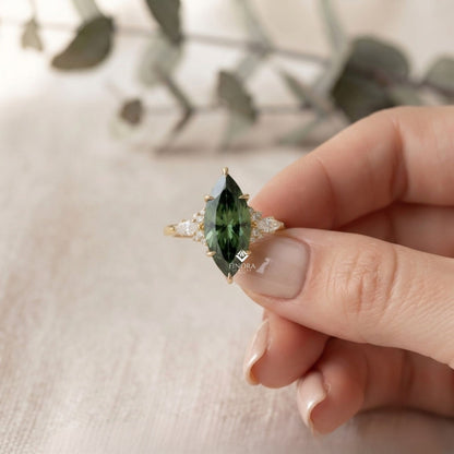 Green Marquise Cut Engagement Ring – Gold Cluster Design, Everyday Elegance