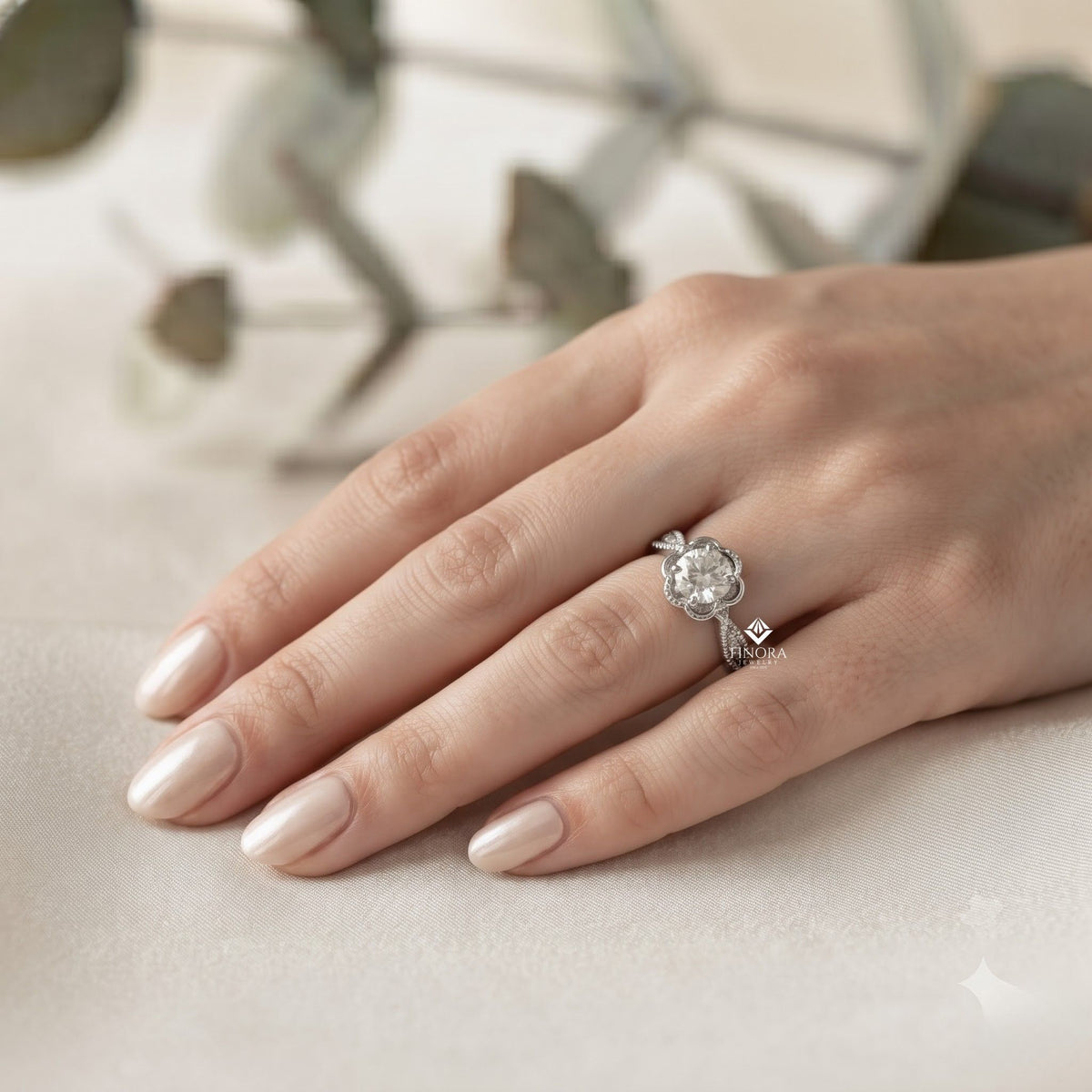 rose flower engagement ring –  botanical diamond vine band – romantic floral gold jewelry