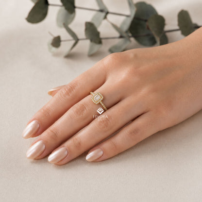 Emerald Cut Halo Ring – Dainty Pave Engagement Ring  – Romantic Gold Bridal Jewelry
