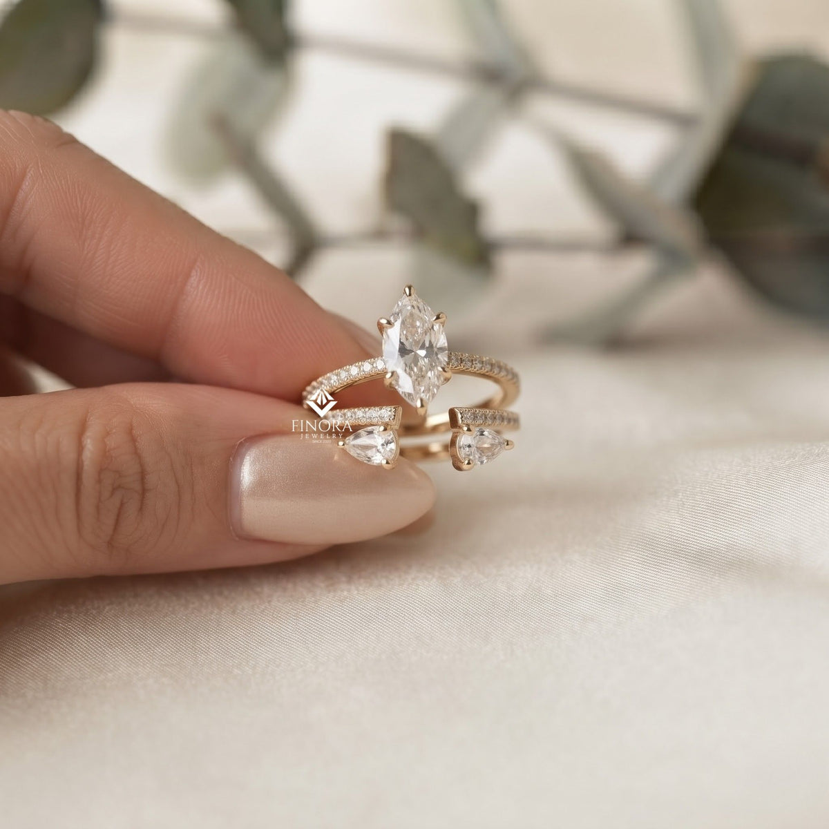 marquise wedding ring set – elegant gold bridal ring – fine jewelry for engagement