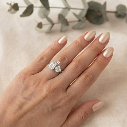 Two-Stone Emerald Square & Radiant Cut Diamond Open Ring in 925 Silver, 10K/14K Gold, or Platinum – Finora Jewelry