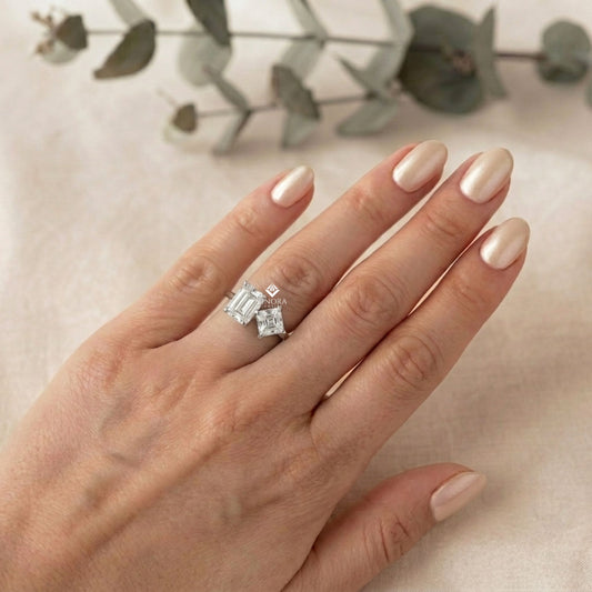 Two-Stone Emerald Square & Radiant Cut Diamond Open Ring in 925 Silver, 10K/14K Gold, or Platinum – Finora Jewelry