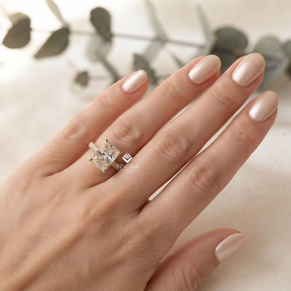 radiant cut moissanite engagement ring –  hidden halo gold bridal jewelry