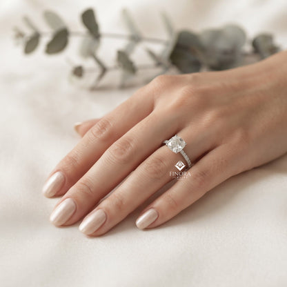 Cushion Cut Moissanite Engagement Ring – Pavé Band – Anniversary Ring for Her – 925 Silver / 10K & 14K Gold / Platinum | Finora Jewelry