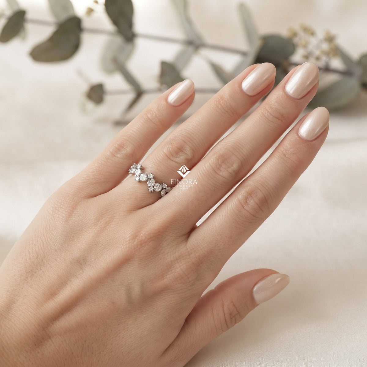 zig-zag moissanite half eternity wedding band, stackable ring - finora jewelry