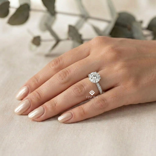 Brilliant Round Cut Engagement Ring with Pavé Diamond Band – Ideal Birthday Gift or Proposal Ring – Classic Elegance in Sterling Silver, 10K/14K Gold, or Platinum – Finora Luxe Edition