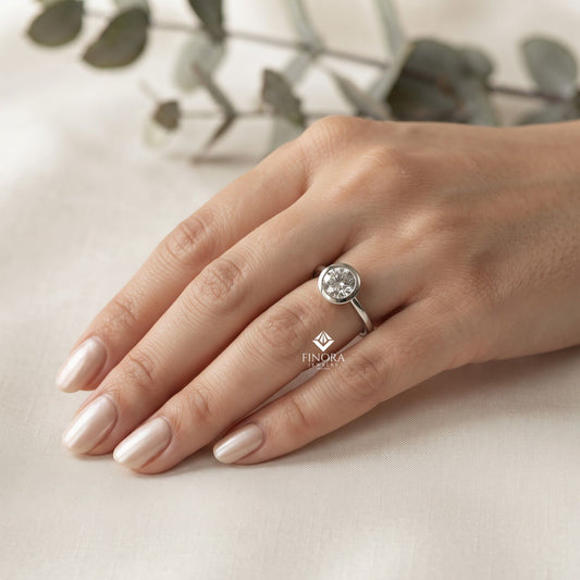 Minimalist Round Moissanite Bezel Set Ring – Modern Solitaire for Promise, Engagement or Birthday Gift – 925 Silver / 10K / 14K Gold / Platinum – White / Yellow / Rose Gold – Finora Jewelry