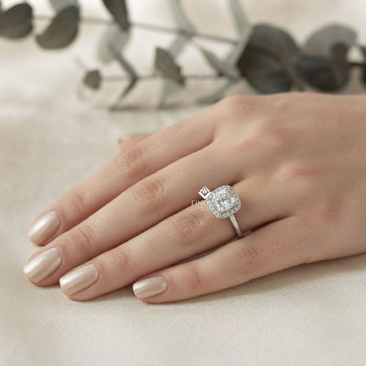 Cushion Cut Halo Moissanite Engagement Ring with Pavé Diamonds – Elegant Cushion Halo in White, Yellow, or Rose Gold | Finora Jewelry