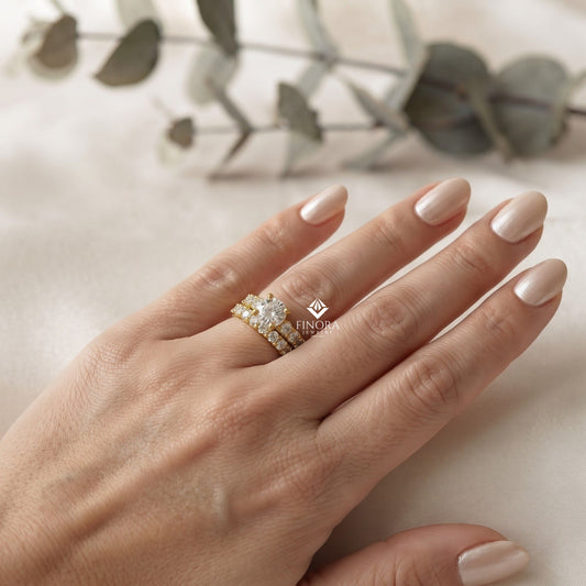 Round Cut Lab Grown Diamond Solitaire Eternity Ring – Pave Band, Dainty Gold Fine Jewelry
