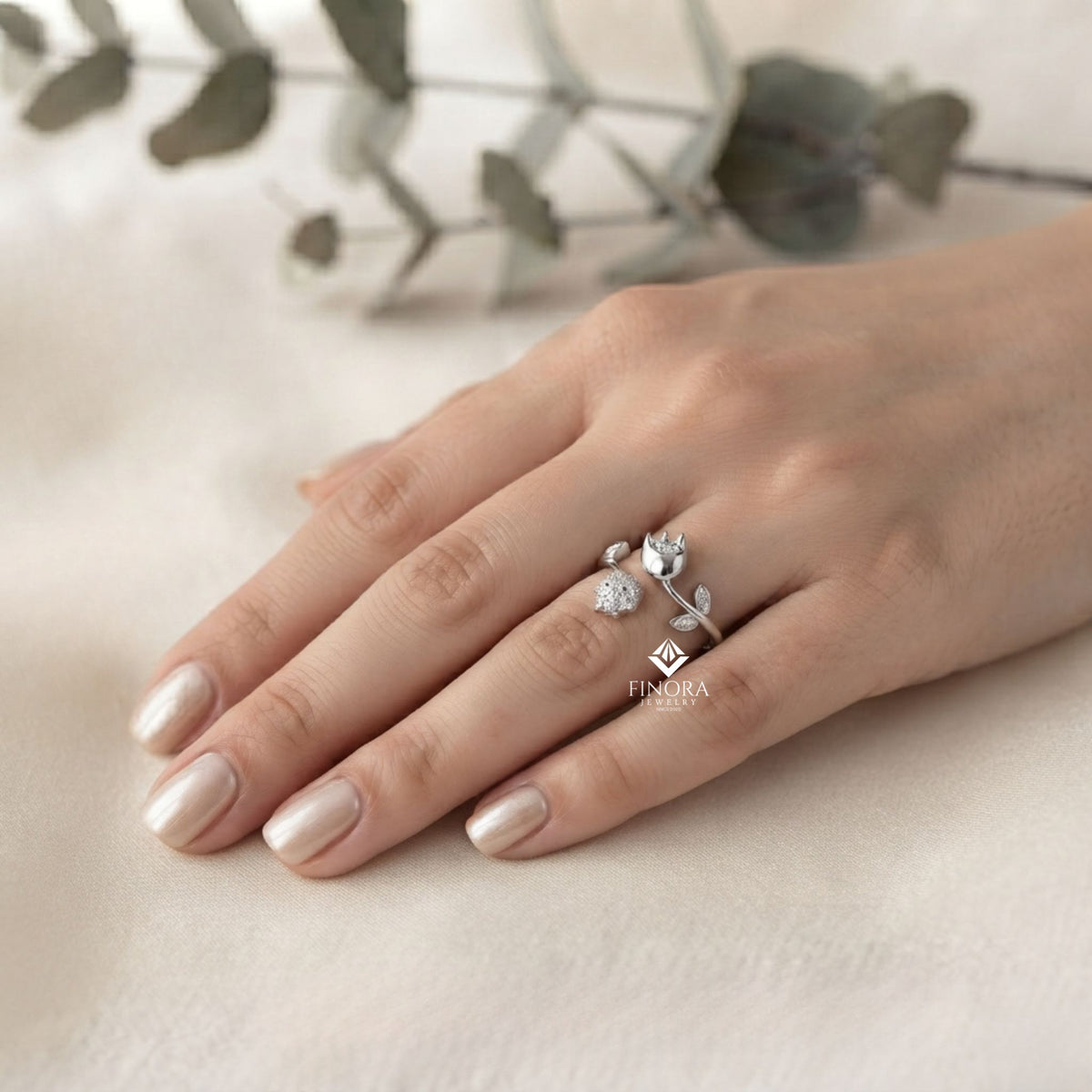 dual tulip bypass ring – adjustable floral diamond ring –  minimalist gold botanical jewelry