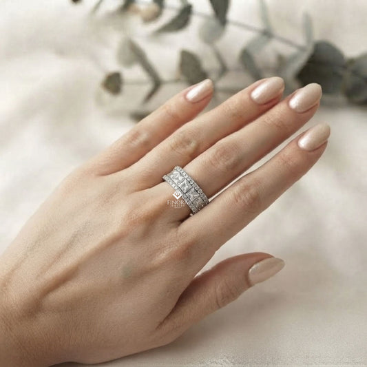 Princess-Cut Diamond Triple Row Wedding Band – Bold Eternity Ring for Couples in Silver, Gold & Platinum – Finora Radiant Glamour Statement