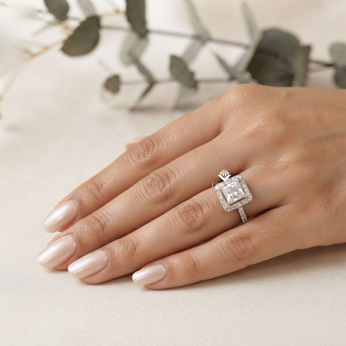 1.50 ct princess cut moissanite halo engagement ring in 925 silver / 10k & 14k gold