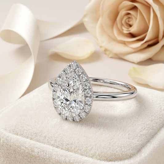 Pear Cut Moissanite Halo Engagement Ring – 925 Silver / 10K / 14K / Platinum / White / Yellow / Rose Gold – Finora Jewelry