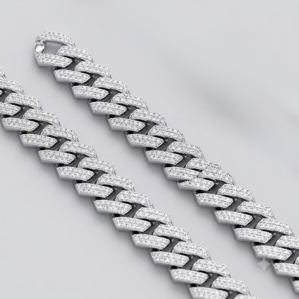 10mm moissanite silver sleek prong cuban link chain - 2.5mm low profile choker