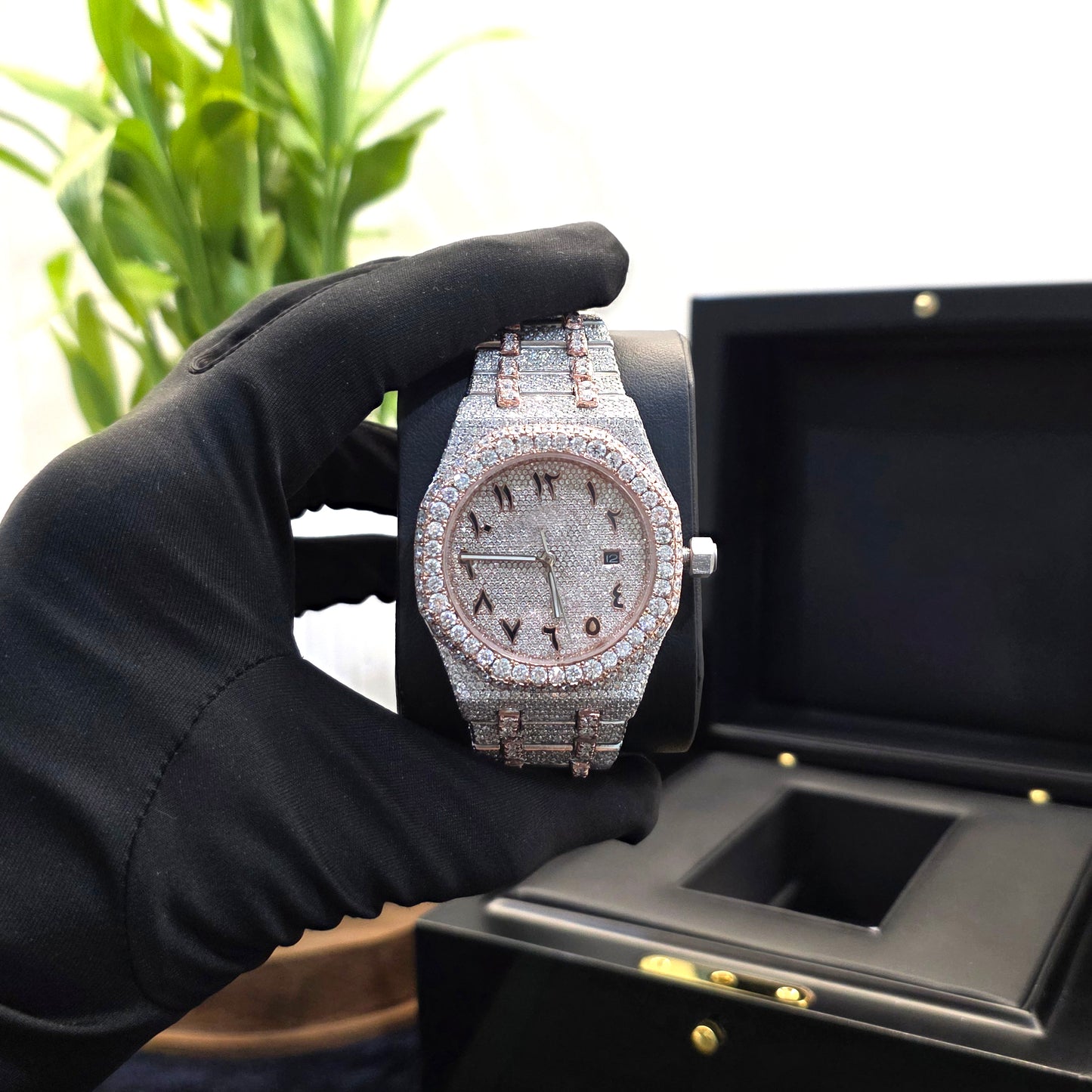 bust down watch – moissanite iced out watch 41mm rose gold & white arabic dial