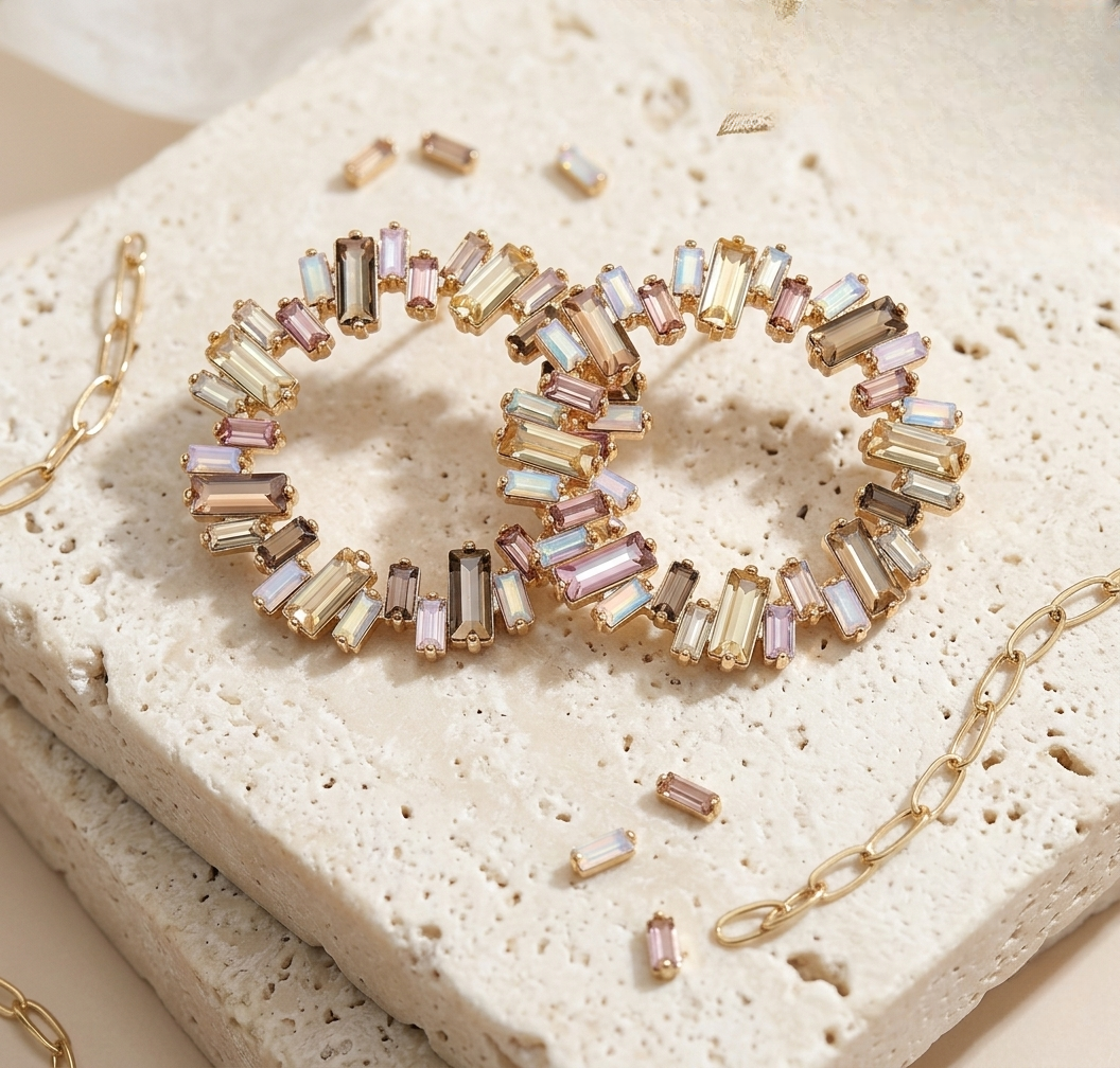 rhinestone round decor earrings-baguette crystal hoop earrings