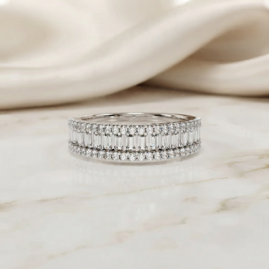 Triple Row Baguette & Round Diamond Wide Band Ring in 925 Silver, 10K/14K Gold (Rose/White/Yellow), & Platinum – Finora Jewelry