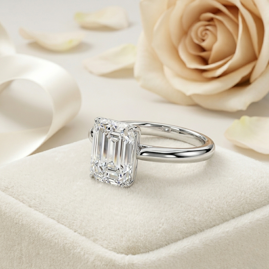 Emerald Cut Moissanite Solitaire Engagement Ring – Modern Classic for Her – 925 Silver / 10K & 14K Gold / Rose, Yellow, White Gold / Platinum | Finora Jewelry