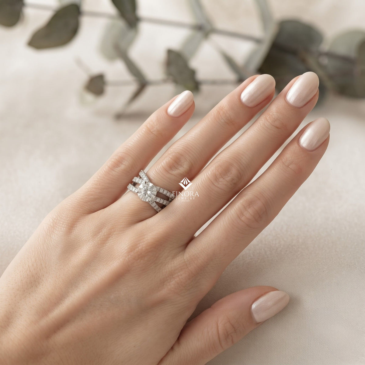 round cut multi-band diamond engagement ring