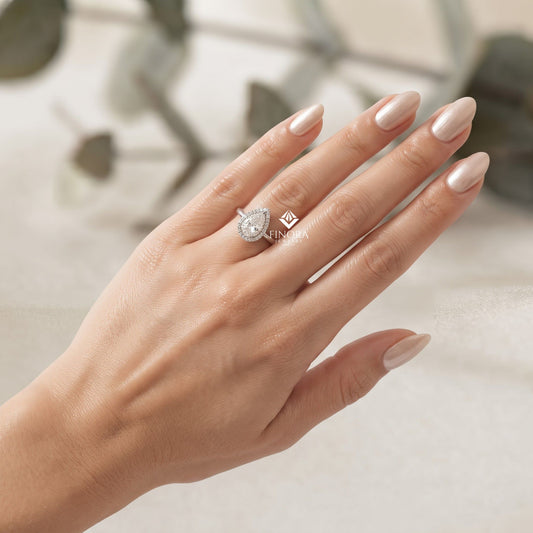 Pear Cut Moissanite Halo Engagement Ring – 925 Silver / 10K / 14K / Platinum / White / Yellow / Rose Gold – Finora Jewelry