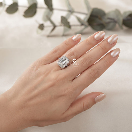 Emerald Cut Moissanite Halo Engagement Ring – Dainty Promise Ring – Anniversary / Birthday / Wedding Gift – 925 Silver / 10K / 14K / Platinum – White / Yellow / Rose Gold – Finora Jewelry