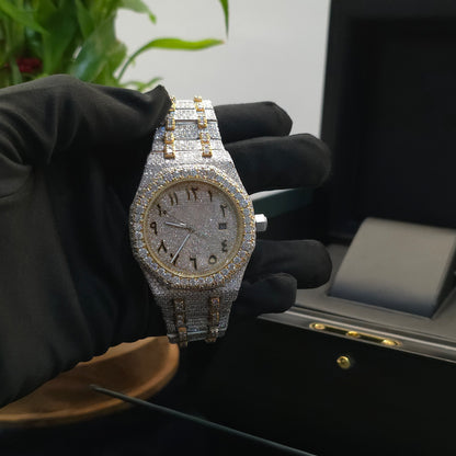 White & Yellow Iced Out Arabic Dial Watch – Bust Down Watch