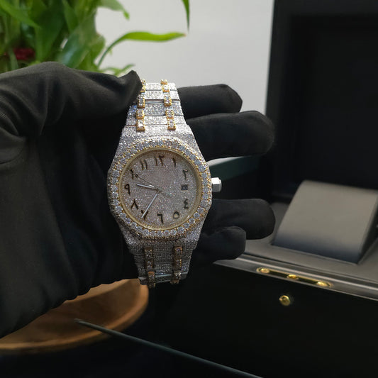 White & Yellow Iced Out Arabic Dial Watch – Bust Down Watch