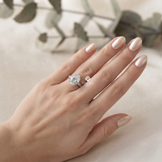 Oval Cut Diamond Solitaire with Hidden Halo and Pave Band - Luxury Fine Jewelry