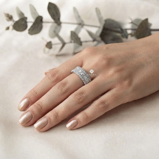 Princess-Cut Diamond Triple Row Wedding Band – Bold Eternity Ring for Couples in Silver, Gold & Platinum – Finora Radiant Glamour Statement