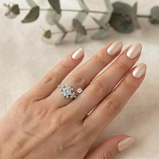 Princess Cut Diamond Cluster Engagement Ring – Regal Radiance in 925 Silver, 10K/14K Yellow, White & Rose Gold, or Platinum – Finora Elegant Snowflake-Inspired Design for Her