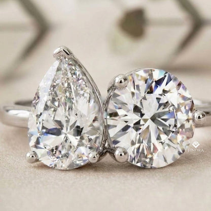 Two-Stone Pear & Round Cut Diamond Engagement Ring – Dual Brilliance in 925 Silver, 10K / 14K Gold, or Platinum – Finora Romantic Symbol of Love’s Harmony – Elegant Gift for Her