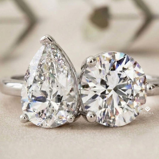 Two-Stone Pear & Round Cut Diamond Engagement Ring – Dual Brilliance in 925 Silver, 10K / 14K Gold, or Platinum – Finora Romantic Symbol of Love’s Harmony – Elegant Gift for Her